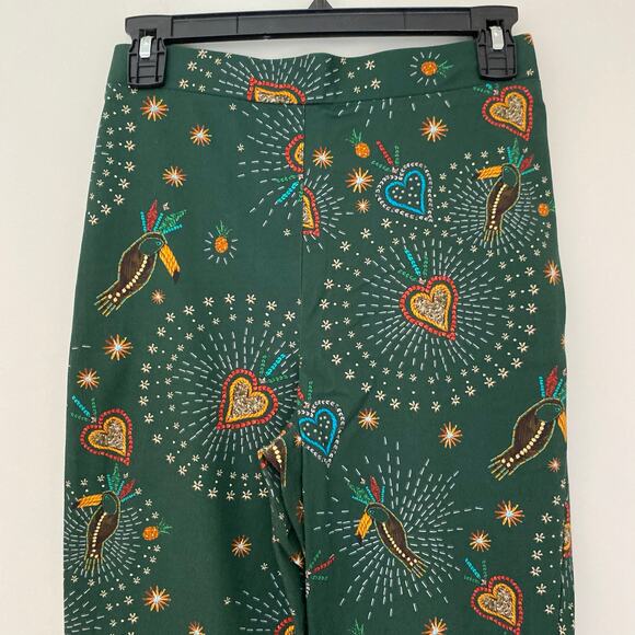 Anthropologie Farm Rio Fernanda Flared Pants Green Toucan Bird Tropical XS - Picture 2 of 10